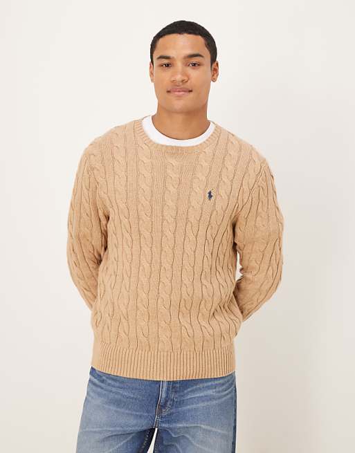 Polo Ralph Lauren long sleeve icon logo cable knit sweatshirt in tan