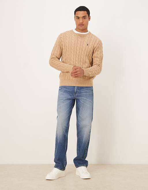 Polo Ralph Lauren long sleeve icon logo cable knit sweatshirt in tan