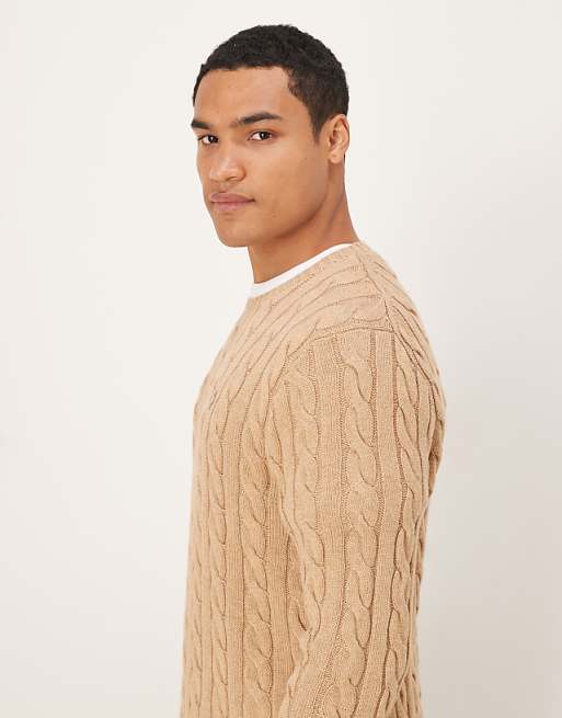 Polo Ralph Lauren long sleeve icon logo cable knit sweatshirt in tan