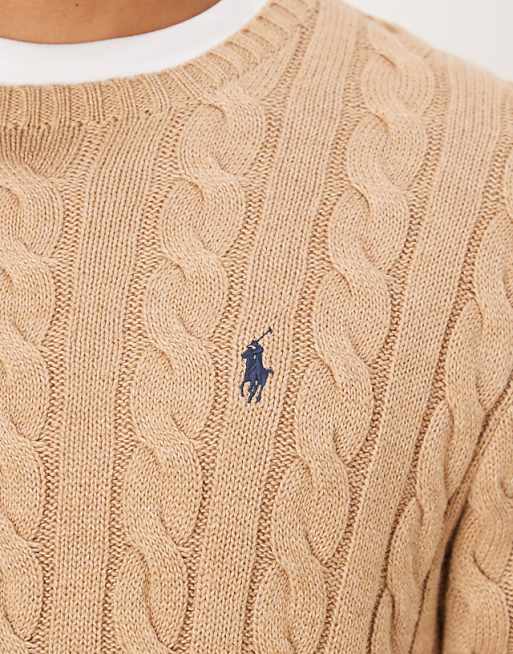 Polo Ralph Lauren long sleeve icon logo cable knit sweatshirt in tan