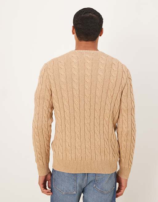 Polo Ralph Lauren long sleeve icon logo cable knit sweatshirt in tan
