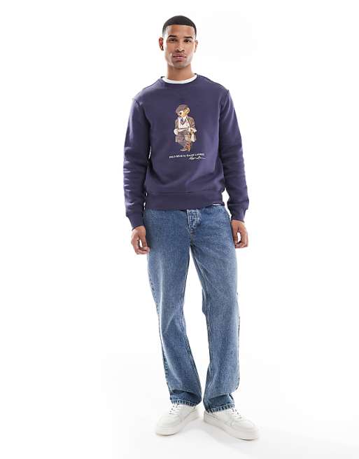 Polo Ralph Lauren heritage cap bear print sweatshirt in mid blue