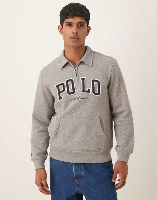 Polo Ralph Lauren large collegiate script logo half zip sweatshirt in dark grey marl