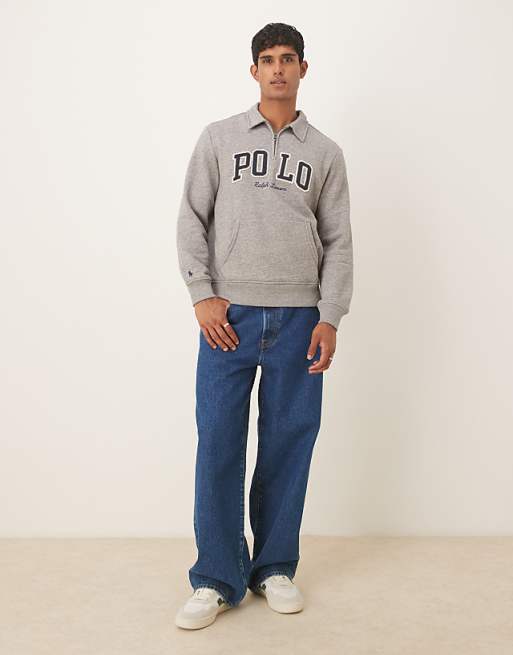Polo Ralph Lauren large collegiate script logo half zip sweatshirt in dark grey marl
