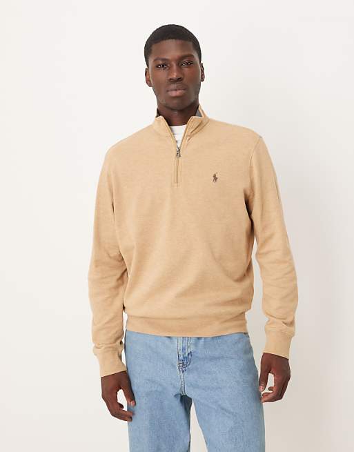 Polo Ralph Lauren – Kamelbrun, melerad, dubbelstickad sweatshirt