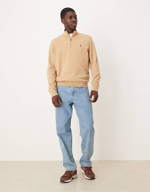 Polo Ralph Lauren – Kamelbrun, melerad, dubbelstickad sweatshirt